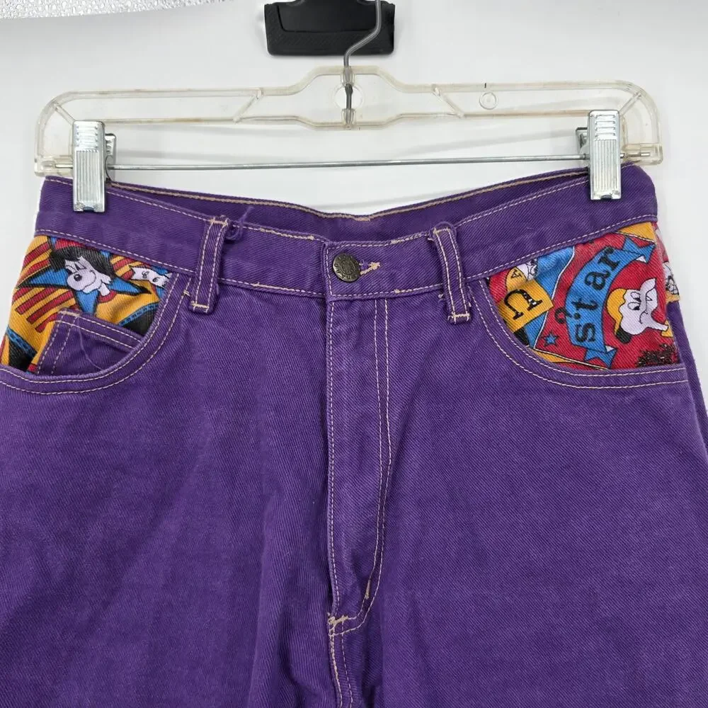 Vintage 90s Hard Core Purple Denim Jeans Cartoon Graphic Pockets 27x28 Y2K Retro